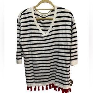Talbots - White / Black Striped V Neck Sweater with Red Fringe - Size X